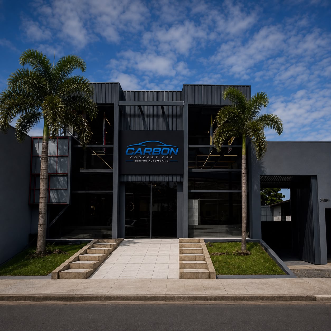 Fachada da Carbon Concept Car com a placa da empresa
